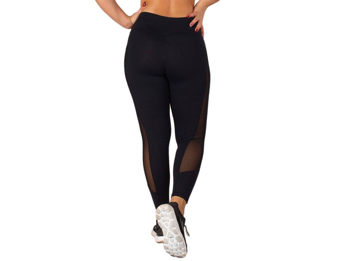 Legging de desporto, preta, cintura alta com transparências para mulher